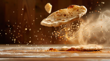 Captivating image of naan bread in mid-air surrounded by flying flour and spices on a rustic wooden table, showcasing the beauty of culinary art.の素材