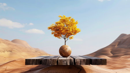 A striking image of a vibrant yellow tree perched on a wooden platform in a serene desert setting, embodying a sense of tranquility and artistic beauty.の素材