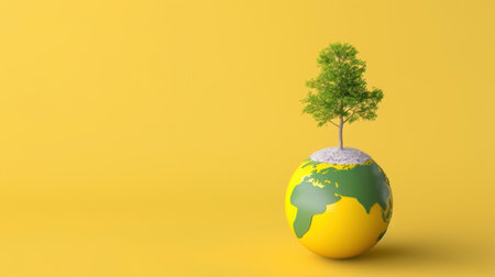 A vibrant earth globe featuring a small tree growing from soil, set against a bright yellow backdrop, symbolizing environmental health and sustainability.の素材