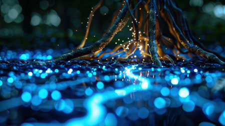 Experience a magical forest scene featuring glowing roots set against a shimmering, blue-lit ground with vibrant particles. The enchanting atmosphere invites exploration and wonder.の素材