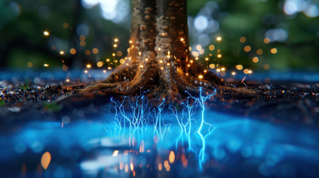 A captivating close-up view of tree roots emerging from tranquil waters, illuminated by glowing blue light and sparkles, creating a magical atmosphere.の素材