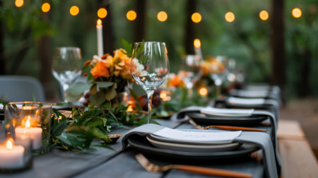 This enchanting outdoor dinner setting features a beautifully arranged table with candles, glassware, and seasonal flowers, creating a cozy atmosphere perfect for gatherings.の素材