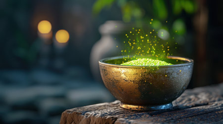 This captivating image features a bowl filled with vibrant green powder, emitting soft sparks of light, perfect for fantasy and potion-related themes.の素材