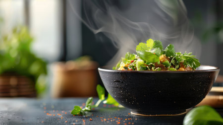 A delicious bowl of freshly prepared meal filled with vibrant herbs and steaming vegetables, showcasing the art of cooking in a cozy setting.の素材