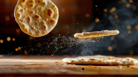 A perfect shot of freshly baked flatbread floating above a wooden surface, surrounded by flour dust and warm lighting, evoking a cozy kitchen atmosphere.の素材