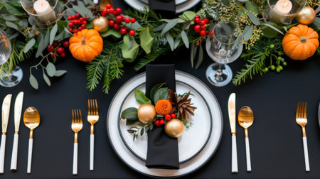 A beautifully arranged festive table setting featuring elegant dinnerware, seasonal fall decorations, and vibrant natural elements ideal for holiday gatherings.の素材
