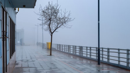 A tranquil foggy scene depicting a deserted boardwalk by the water, featuring a single barren tree and reflective pavement, evoking a calm and serene atmosphere.の素材
