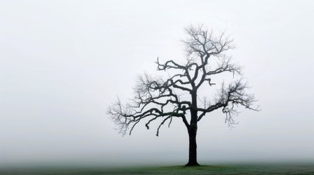 A solitary bare tree stands out against a thick blanket of fog, creating a serene yet eerie atmosphere. The branches reach toward the gray sky, emphasizing solitude.の素材
