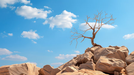 A striking scene featuring a lonely dead tree atop rugged rock formations under a bright blue sky adorned with fluffy clouds, embodying tranquility and solitude.の素材