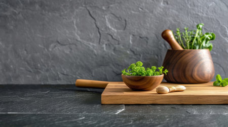 Experience the beauty of fresh greens presented in wooden bowls, complemented by a rustic mortar and pestle, perfect for culinary creations.の素材