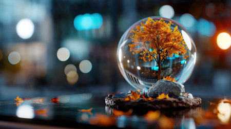 A captivating glass sphere showcases an autumn tree surrounded by vibrant leaves, set against a softly blurred background, creating a serene atmosphere.の素材
