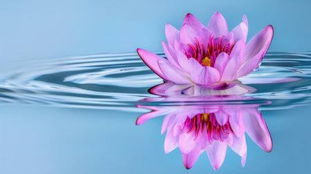 A stunning close-up of a pink water lily gently floating on calm water, showcasing its delicate petals and perfect reflection, embodying natural beauty.の素材