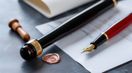 A collection of beautiful writing tools including a black pen, red pen, wax seal, and paper, showcasing elegance and craftsmanship for formal correspondence.の素材