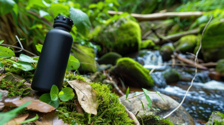 A sleek black water bottle rests on vibrant green moss beside a serene stream, capturing the essence of outdoor adventures and natural beauty.の素材