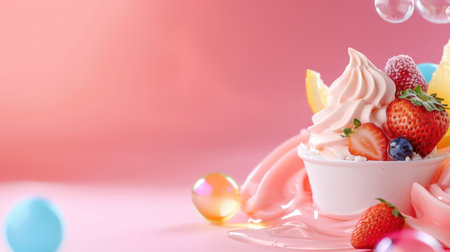 A delightful soft serve dessert topped with fresh strawberries, blueberries, and raspberries sits in a charming bowl on a soft pink background. The vibrant colors and playful candies create a joyful visual, perfect for evoking summer fun and indulging in sweet flavors. Ideal for showcasing deliciousness in food photography or for dessert inspiration.の素材