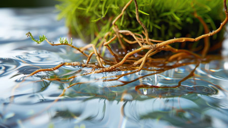 A close-up view of delicate roots intertwined with vibrant green moss, mirrored on a calm water surface, capturing nature's beauty and tranquility.の素材