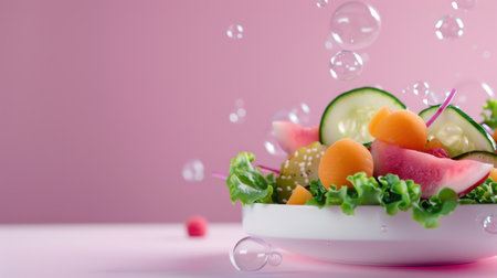 A bright and vibrant salad featuring cucumber, melon, and fresh greens surrounded by playful bubbles on a pink background, perfect for healthy eating visuals.の素材