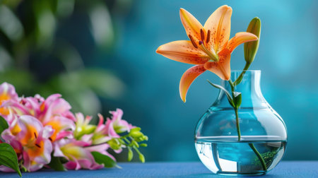 A stunning orange lily located in a glass vase filled with water, surrounded by pink flowers and lush green foliage, creating a serene focal point.の素材
