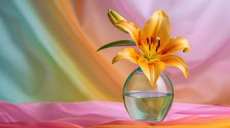 A vibrant yellow lily stands gracefully in a clear vase filled with water, surrounded by elegantly draped colorful fabric, perfect for decor.の素材