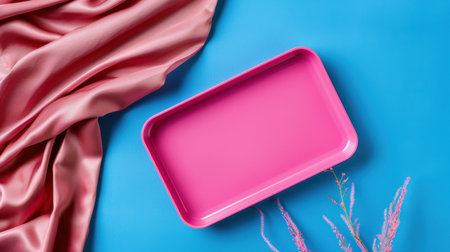 A vibrant pink tray laid on a bright blue surface, accompanied by smooth silk fabric and decorative plant accents, creating a modern aesthetic.の素材
