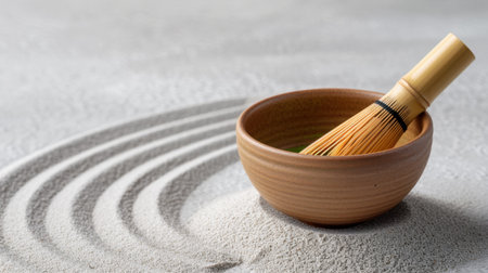 A serene depiction of a Japanese zen garden featuring neatly raked sand and a traditional tea whisk nestled in a bowl. Perfect for relaxation and mindfulness.の素材