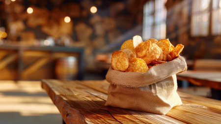 A rustic burlap sack filled with golden, crunchy potato chips placed on a wooden table, creating a warm and inviting atmosphere perfect for snacks.の素材