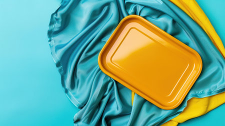 Bright yellow tray rests on smooth blue and green satin fabric, creating a striking visual contrast suitable for dining and decoration. Ideal for artistic display.の素材