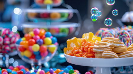 A vibrant and colorful assortment of candies and sweets arranged on a dessert table, creating a festive and joyful atmosphere perfect for celebrations.の素材