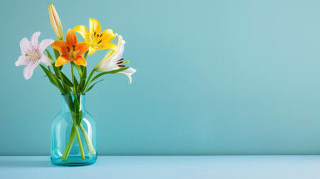 A stunning arrangement of colorful lilies in a turquoise vase stands beautifully against a soft blue background, creating a serene and elegant atmosphere.の素材