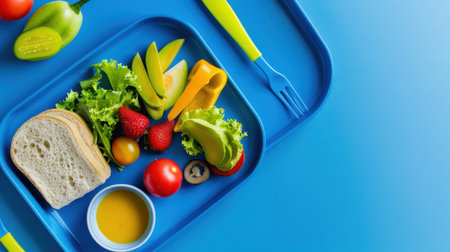 A vibrant and appetizing lunch tray featuring fresh fruits, vegetables, and whole bread. Perfect for promoting healthy eating and balanced meals.の素材