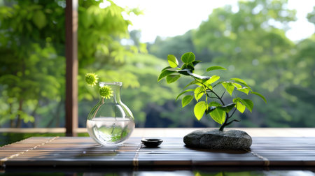 A serene still life composition featuring a glass vase with green leaves and a decorative rock on a bamboo mat, surrounded by lush greenery.の素材