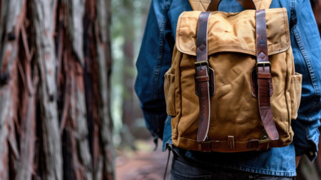 A person wearing a yellow backpack stands in a serene wooded area, surrounded by towering trees. This image captures the essence of adventure and exploration in nature.の素材