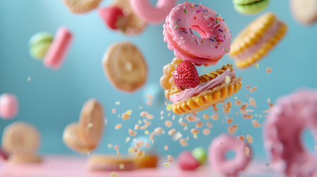 A whimsical scene featuring a vibrant assortment of floating sweets, including donuts and cookies, adorned with colorful sprinkles and joyful vibes.の素材