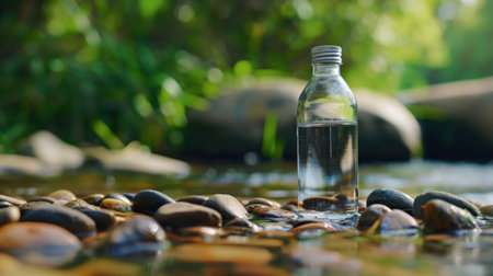 A clear bottle of water stands on smooth pebbles in a tranquil stream, surrounded by lush greenery, capturing the essence of nature's beauty and serenity.の素材