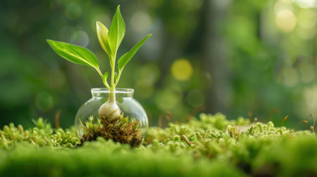A lush green plant emerges from a glass container, surrounded by vibrant moss, capturing the essence of growth and tranquility in a natural setting.の素材