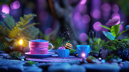A whimsical dessert scene featuring a colorful cupcake, macaron, and inviting tea, set in a mystical forest with enchanting bokeh lights. Perfect for capturing magic and sweetness.の素材