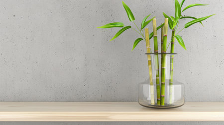 A serene arrangement of bamboo stalks in a clear glass vase placed on a wooden shelf against a gray concrete wall. This image captures tranquility, perfect for modern decor.の素材