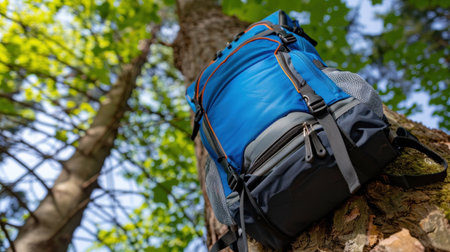 A vibrant blue backpack is showcased resting against a tree trunk, surrounded by lush greenery and warm sunlight, perfect for outdoor adventures.の素材