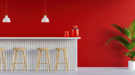 A vibrant modern kitchen scene featuring a bold red wall, stylish minimalist bar stools, a sleek white countertop, and a decorative plant, creating a warm ambiance.の素材