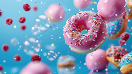 A vibrant arrangement of colorful doughnuts with sprinkles and a playful display of bubbles and raspberries, perfect for capturing joy and celebration.の素材