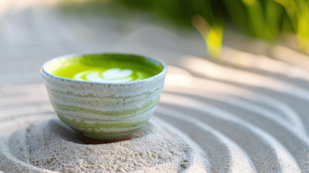 A beautifully crafted green tea bowl sits gracefully in soft sand, surrounded by gentle curves, creating a tranquil and serene atmosphere ideal for relaxation.の素材