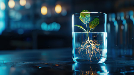A young plant with delicate roots is showcased in a clear glass vessel filled with water. The soft lighting and blurred background enhance the serene and calming aesthetic, perfect for nature lovers and botanical themes.の素材