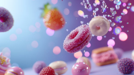 A vibrant arrangement of colorful candies, donuts, macarons, and berries suspended in mid-air, surrounded by sparkling bokeh, creating a joyful and playful atmosphere.の素材