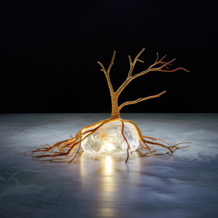 A striking tree sculpture with illuminated roots and branches, beautifully contrasting against a dark background, creating an inspiring ambiance and showcasing artistic craftsmanship.の素材