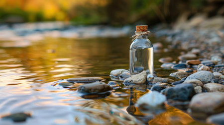 A glass bottle with a cork stopper stands on a pebbled bank by a serene river. The clear water reflects the tranquil surroundings, showcasing nature's beauty.の素材