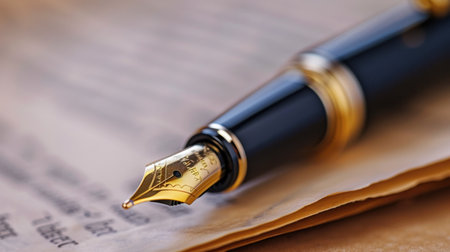 A beautiful fountain pen with a golden nib lies atop aged paper, capturing the essence of classic writing and creativity in a warm and inviting setting.の素材