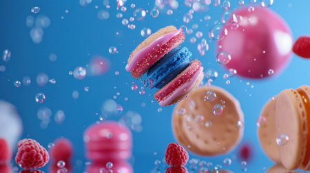 A visually stunning display of colorful macarons surrounded by water bubbles and fresh raspberries on a vibrant blue background, evoking a sense of indulgence.の素材