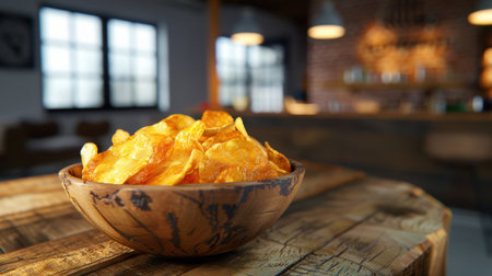 A close-up image of crispy golden potato chips in a rustic wooden bowl placed on a table, creating a cozy cafe ambiance perfect for snack lovers.の素材