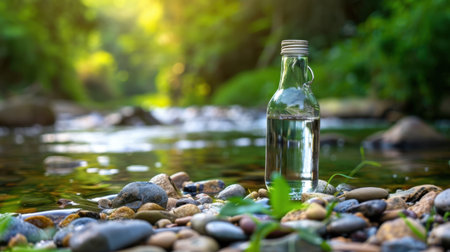 A clear water bottle rests on smooth stones along a gentle riverbank, illuminated by soft sunlight. This serene scene captures the essence of natureの素材