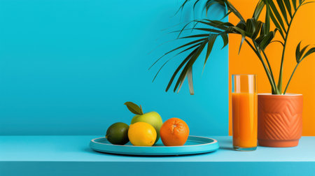 A colorful still life composition featuring fresh citrus fruits and a leafy plant, creating a cheerful atmosphere. The vibrant blue and orange backdrop enhances the visual appeal.の素材